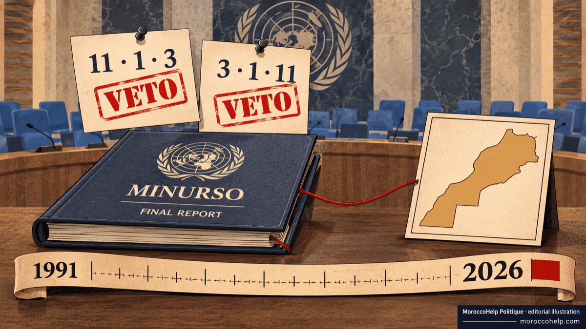 Illustration éditoriale façon journal : les deux scrutins du Conseil de sécurité du 30 octobre 2026, le projet américain bloqué par le veto russe et le projet russe bloqué par les États-Unis, au-dessu