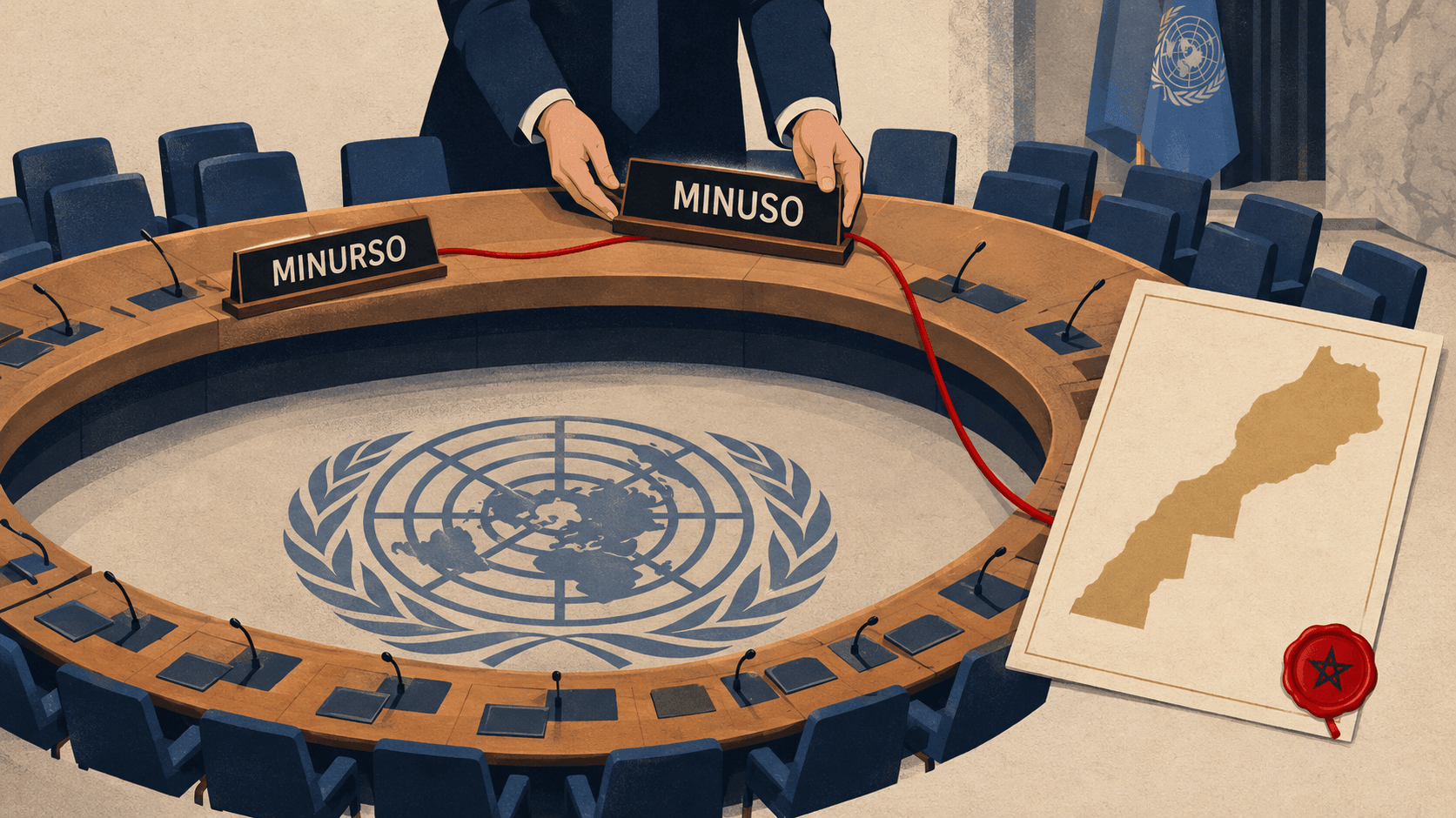 Editorial illustration: the UN Security Council chamber from above, a nameplate swap at the horseshoe table, the old MINURSO plate set aside for a new MINUSO plate, a red thread running to the one und