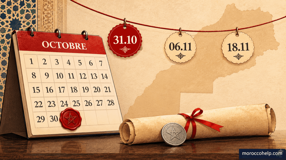 Editorial illustration in newsprint style: a October calendar grid with the 31 stamped in red as Aid Al Wahda, the royal pardon figure 907, and the sequence of national dates running to 6 November and