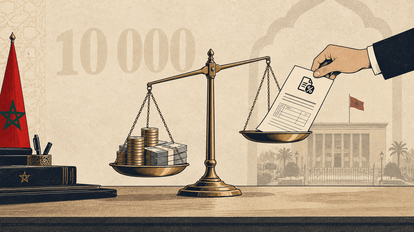 Illustration éditoriale : une balance soulève une déclaration fiscale face à des pièces, avec le chiffre 10 000 gravé en arrière-plan - la réforme IR 2027